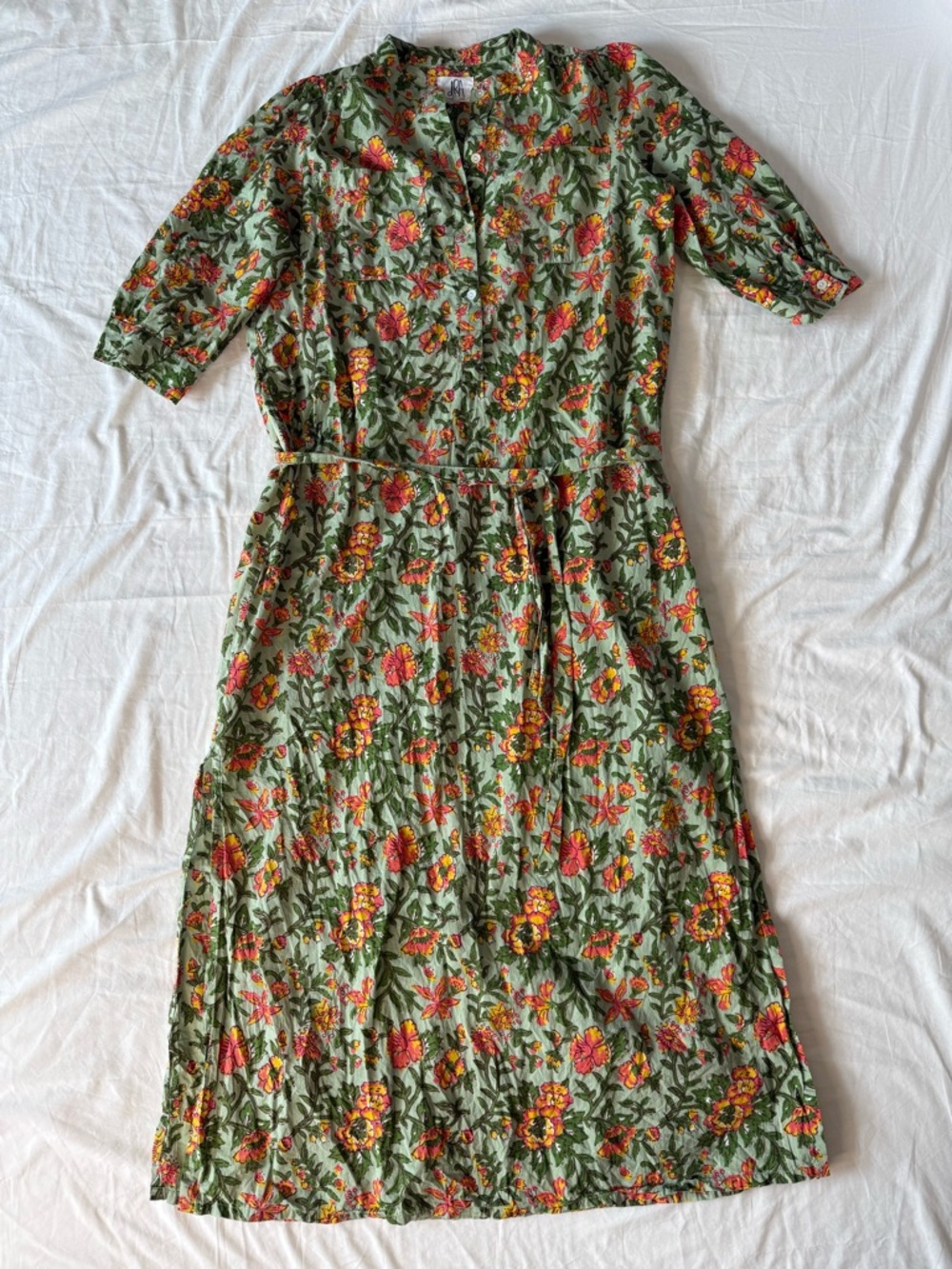 dRA Los Angeles XS Green Orange Floral Print Belted Shirt Dress Boho Midi